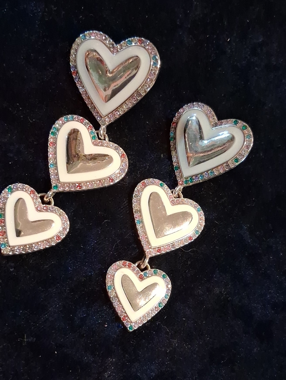 Sugarfix Gold and White Heart Drop Earrings with Multicolor Crystal Accents.